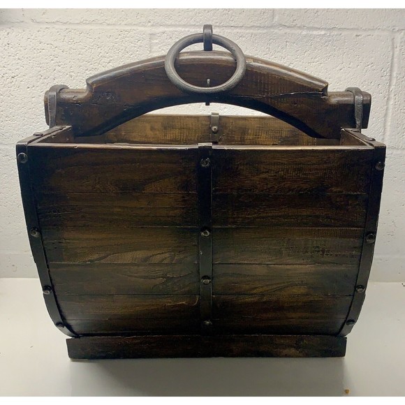 Antique Chinese Rice Bucket Magazine Stand Hanging Basket Handle  20”X18” HEAVY - Picture 1 of 14